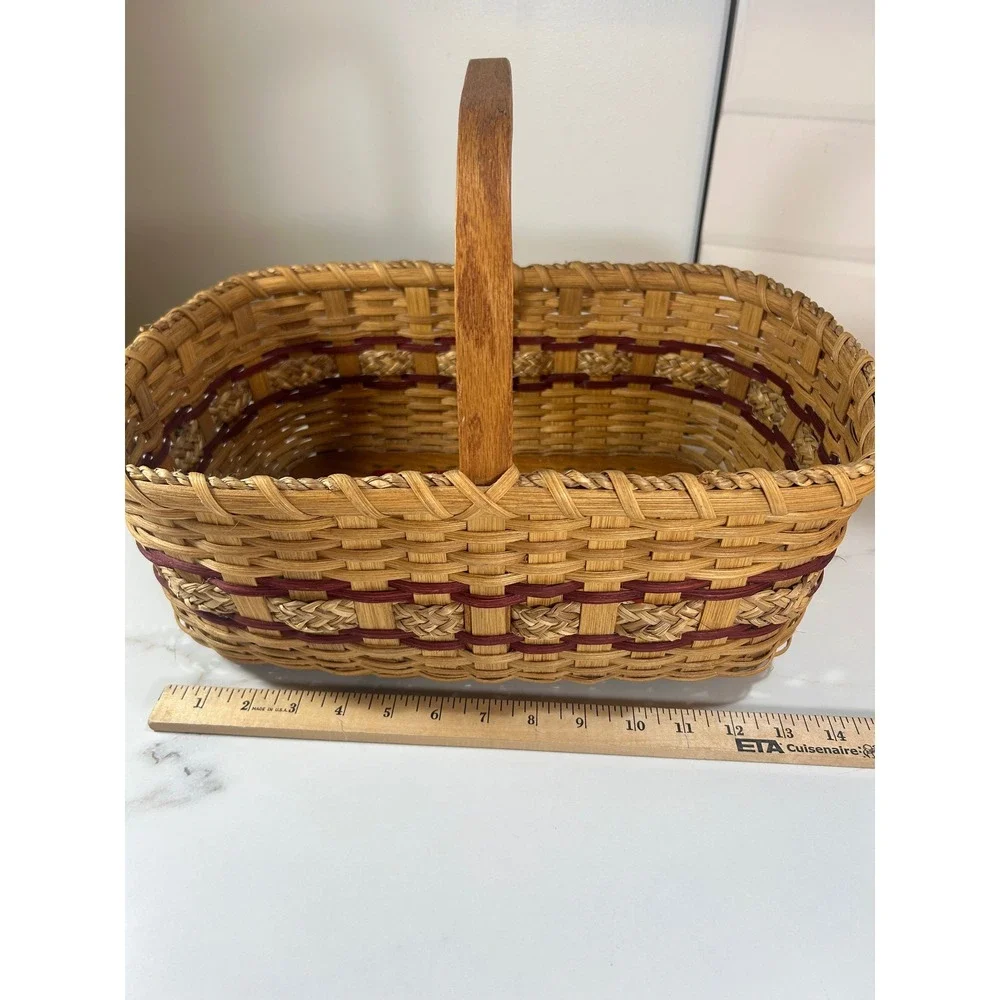 Handmade Woven Splint Basket Wood Base Hand Painted Apple Border Farmhouse Decor